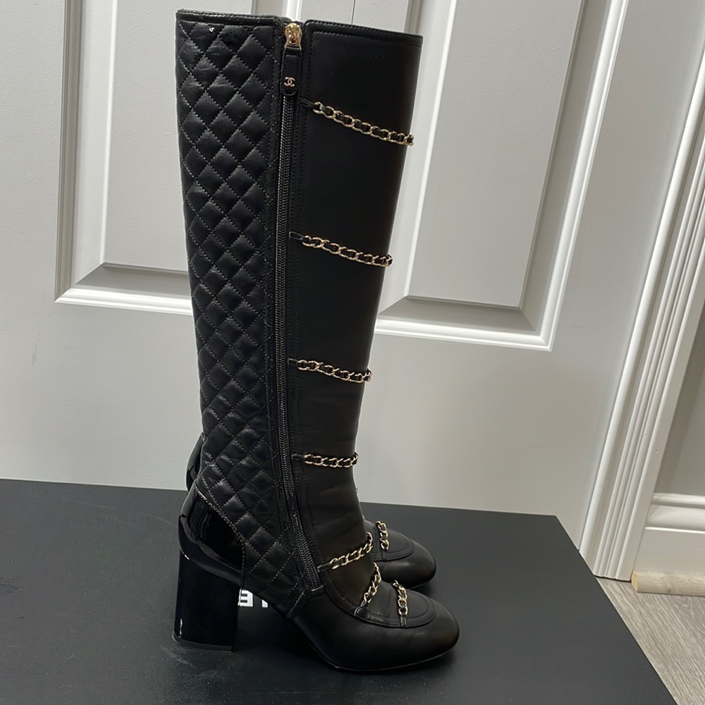 CHANEL Knee High Chain Boots Black size 38.5